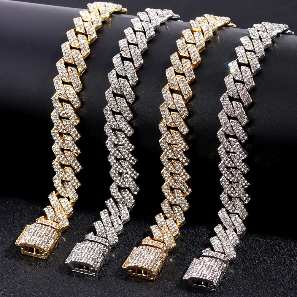 14mm Iced Out Prong Cuban Link Chain Necklace for Men Women 2 Row Rhinestone Paved Miami Rhombus Hip Hop Jewelry Wholesale