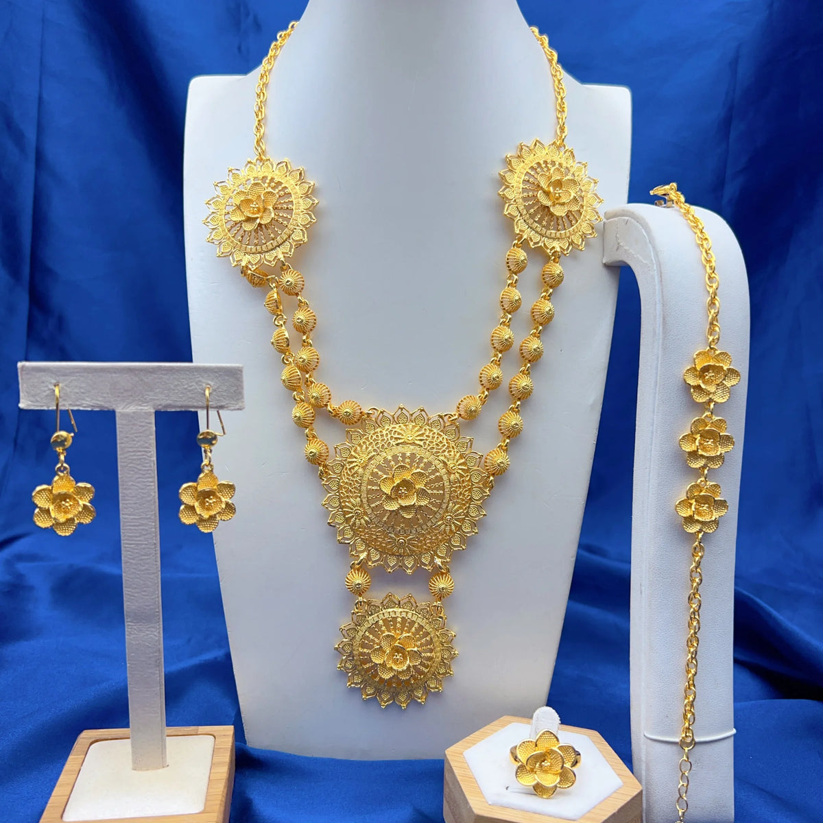 Dubai 24K Gold Color Bridal Jewelry Set For Women Nigerian Ethiopian Heart Necklace Bracelet Earring Ring Sets Party Gift
