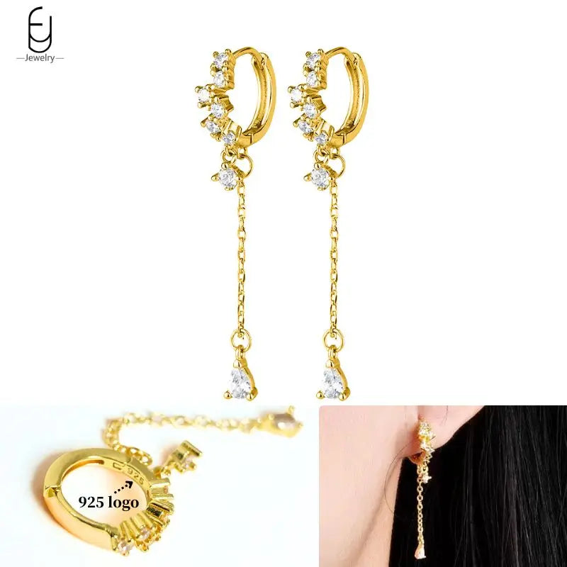 925 Sterling Silver Ear Needle White Crystal Gold Earrings for Women Luxury Water Drop/Heart/Flower Pendant Earring Fine Jewelry