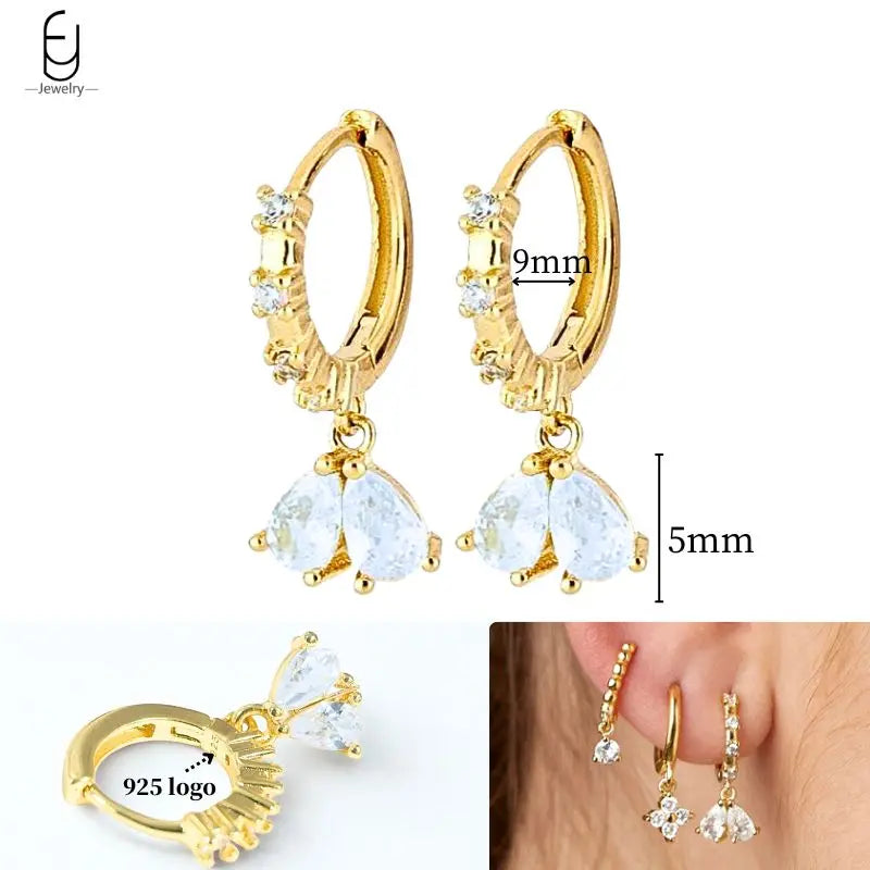 925 Sterling Silver Ear Needle White Crystal Gold Earrings for Women Luxury Water Drop/Heart/Flower Pendant Earring Fine Jewelry