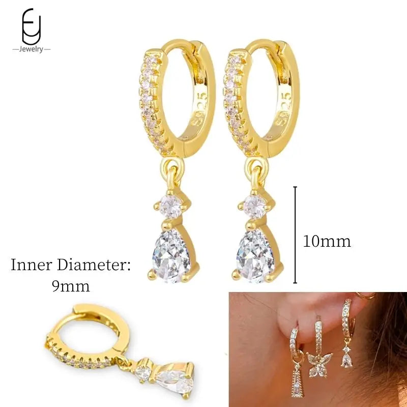 925 Sterling Silver Ear Needle White Crystal Gold Earrings for Women Luxury Water Drop/Heart/Flower Pendant Earring Fine Jewelry