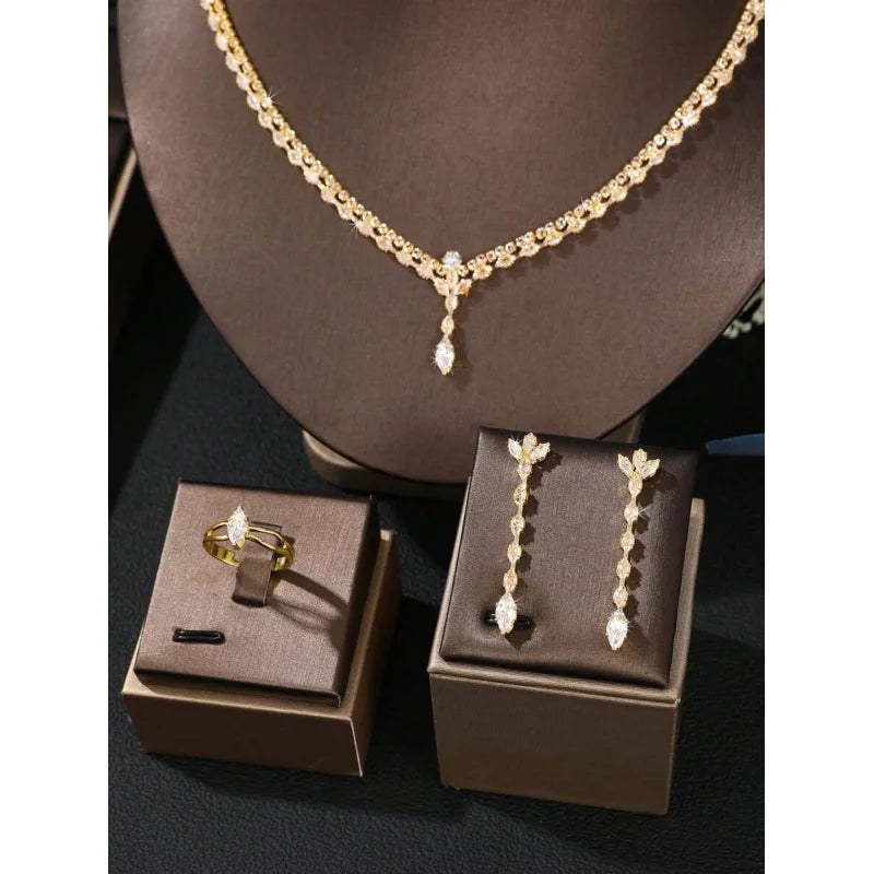 5pcs Set Luxury Elegant Zirconia Stone Bridal Full-Crystal Jewelry Set, Fashionable Party Jewelry Set For Women