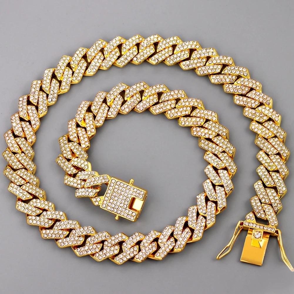 14mm Iced Out Prong Cuban Link Chain Necklace for Men Women 2 Row Rhinestone Paved Miami Rhombus Hip Hop Jewelry Wholesale