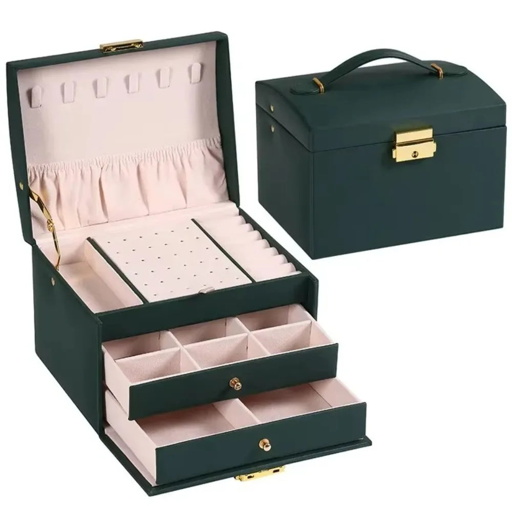 Three layer Woman Jewelry Box Large Capacity Drawer style Jewelry Organizer with Lock Leather Earrings Bracelets Display Stand
