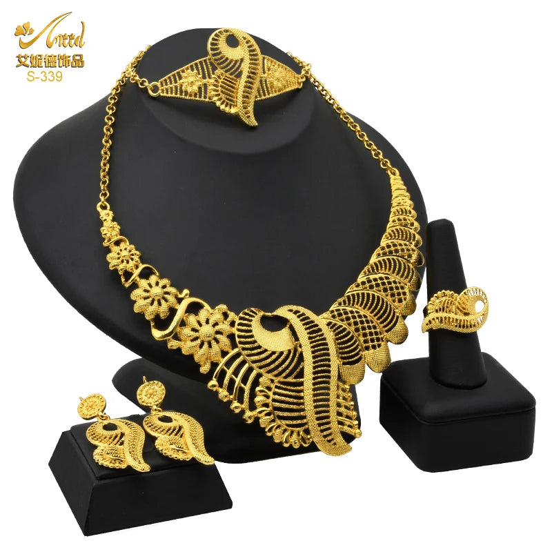 ANIID African Jewelry Set Big Necklace Dubai Ethiopian Gold Color Jewelery Earring Bracelet For Women Bridal Choker Wholesale