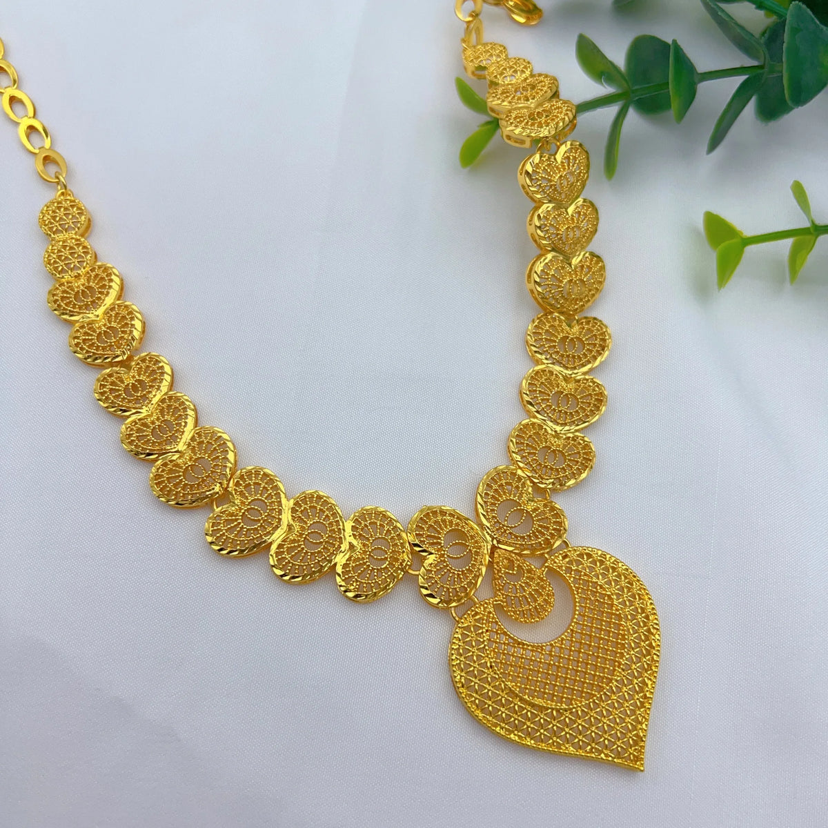 Dubai 24K Gold Color Bridal Jewelry Set For Women Nigerian Ethiopian Heart Necklace Bracelet Earring Ring Sets Party Gift