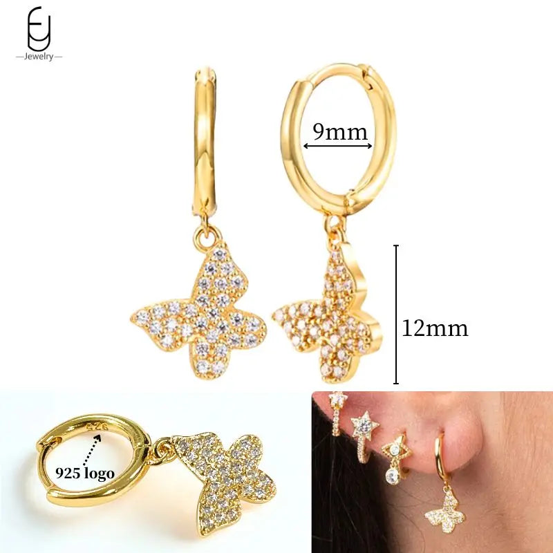 925 Sterling Silver Ear Needle White Crystal Gold Earrings for Women Luxury Water Drop/Heart/Flower Pendant Earring Fine Jewelry
