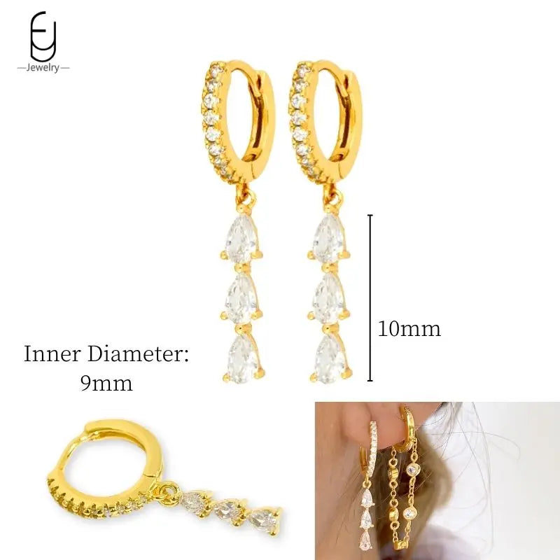 925 Sterling Silver Ear Needle White Crystal Gold Earrings for Women Luxury Water Drop/Heart/Flower Pendant Earring Fine Jewelry