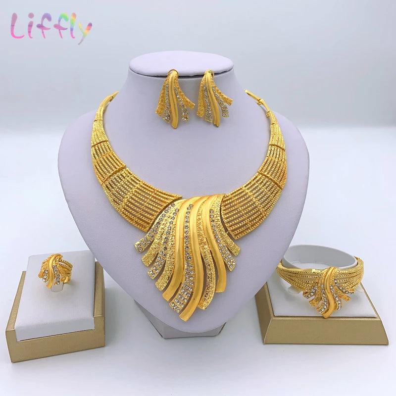 African Dubai 24k Gold Plated Choker Necklace Jewelry Set for Women Bridal Wedding Crystal Bracelet Earrings Jewellery