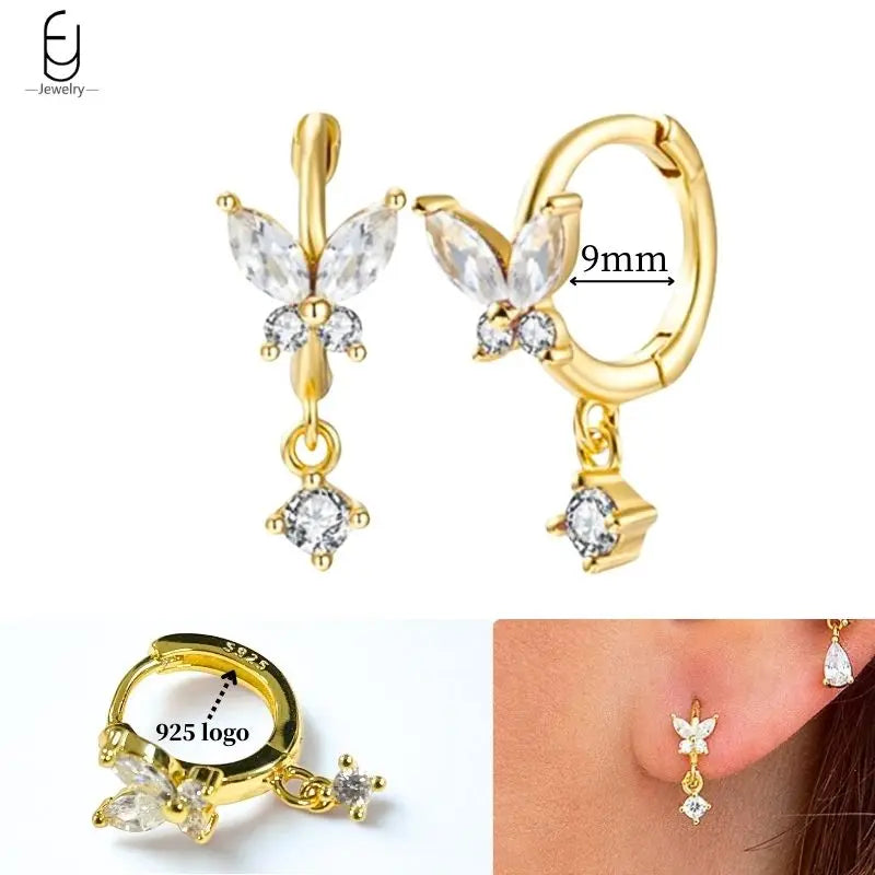 925 Sterling Silver Ear Needle White Crystal Gold Earrings for Women Luxury Water Drop/Heart/Flower Pendant Earring Fine Jewelry