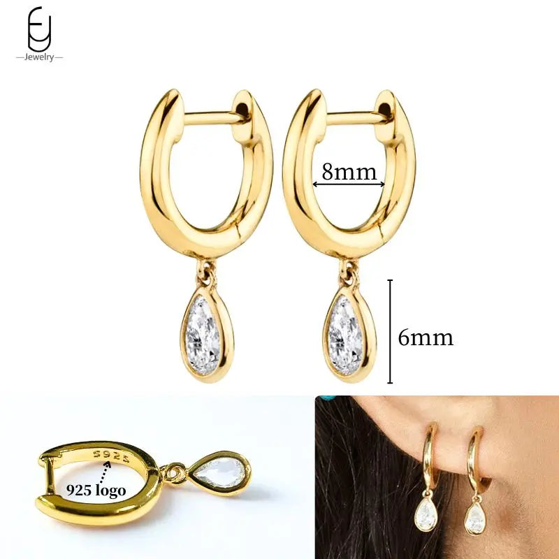 925 Sterling Silver Ear Needle White Crystal Gold Earrings for Women Luxury Water Drop/Heart/Flower Pendant Earring Fine Jewelry