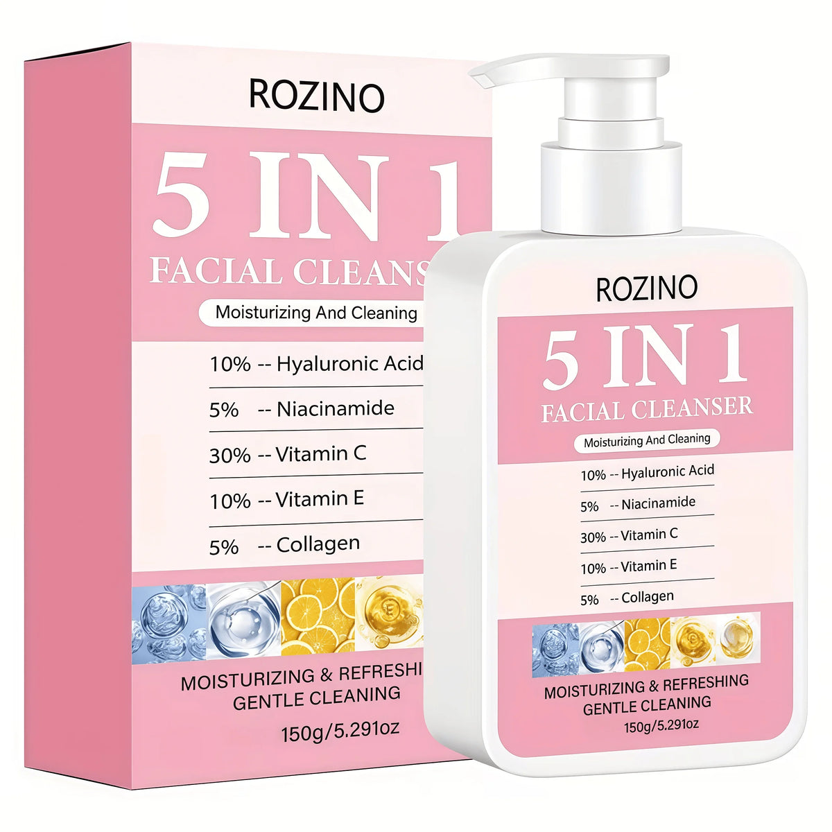 150g Large Capacity 5 in 1 Facial Cleanser, Which Combines Hyaluronic Acid, Niacinamide, Vitamin C, Vitamin E, and Collagen. Its Rich Foam Can Deeply Cleanse Oil and Dirt, Gently Cleanse, Moisturize, Brighten the Skin, Make I