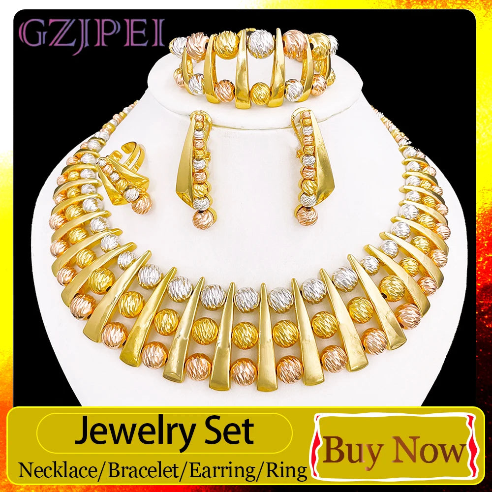 GZJPEI Fashion Luxury Jewelry Set High Quality Gorgeous Three Tone Design For Women Bridal Wedding Engagement Jewelry Gift Box