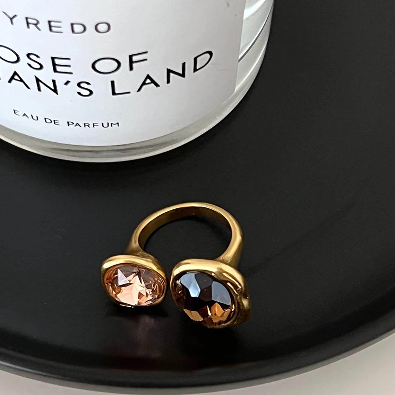 European and American Retro Metal Geometric Rhinestone Contrasting Open Rings For Women‘s Trendy Jewelry Finger Accessorioes