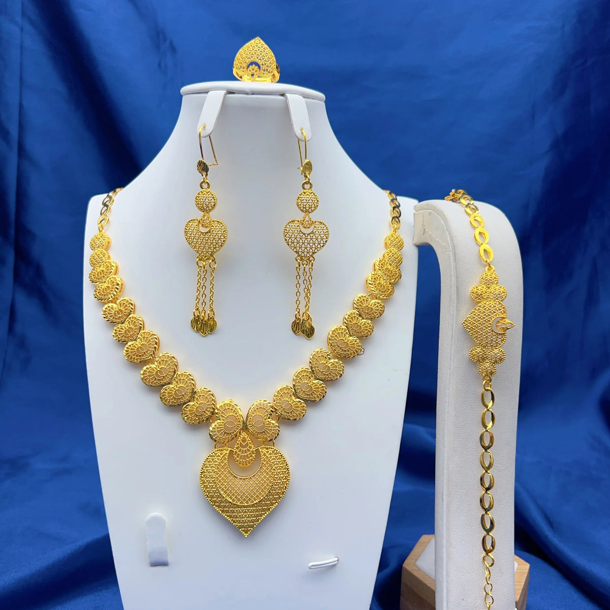 Dubai 24K Gold Color Bridal Jewelry Set For Women Nigerian Ethiopian Heart Necklace Bracelet Earring Ring Sets Party Gift