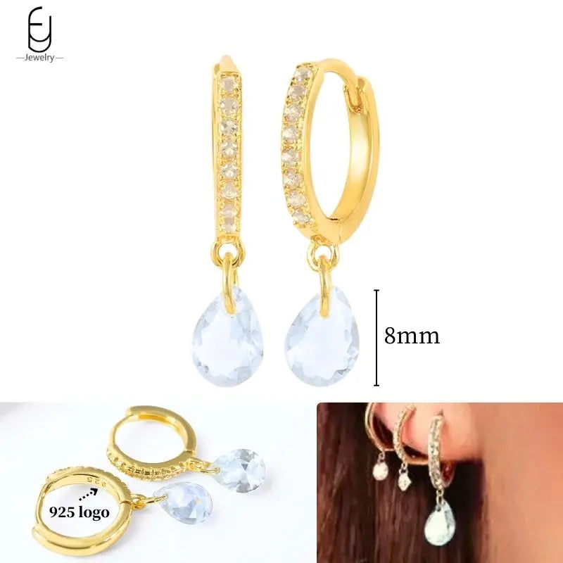 925 Sterling Silver Ear Needle White Crystal Gold Earrings for Women Luxury Water Drop/Heart/Flower Pendant Earring Fine Jewelry