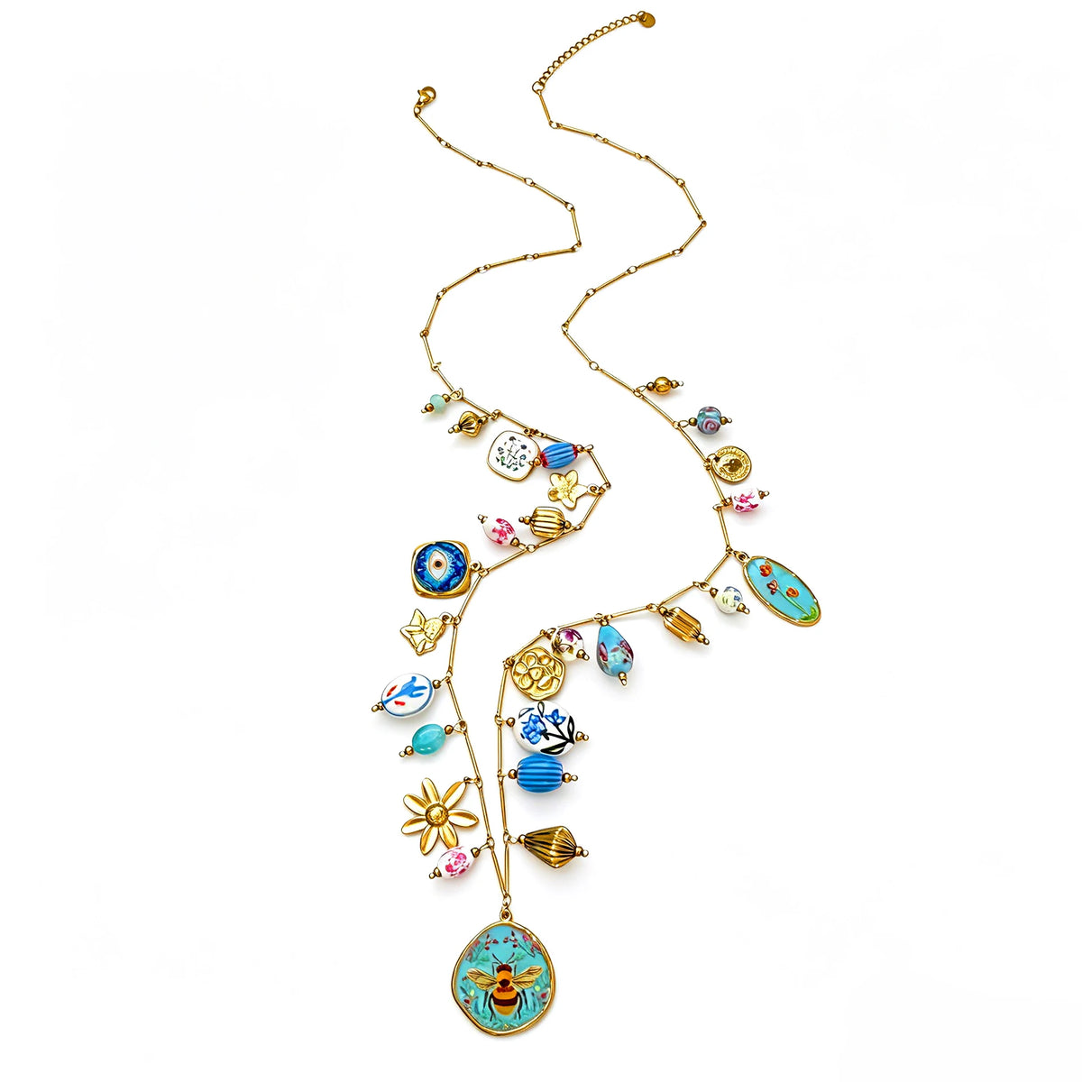 Peri'sbox Stainless Steel Ceramic Blue Bee Multiple Pendant Women Necklace Long Style Party Exquisite Luxury Jewelry Accessories