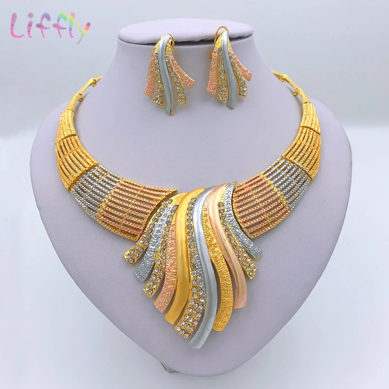 African Dubai 24k Gold Plated Choker Necklace Jewelry Set for Women Bridal Wedding Crystal Bracelet Earrings Jewellery