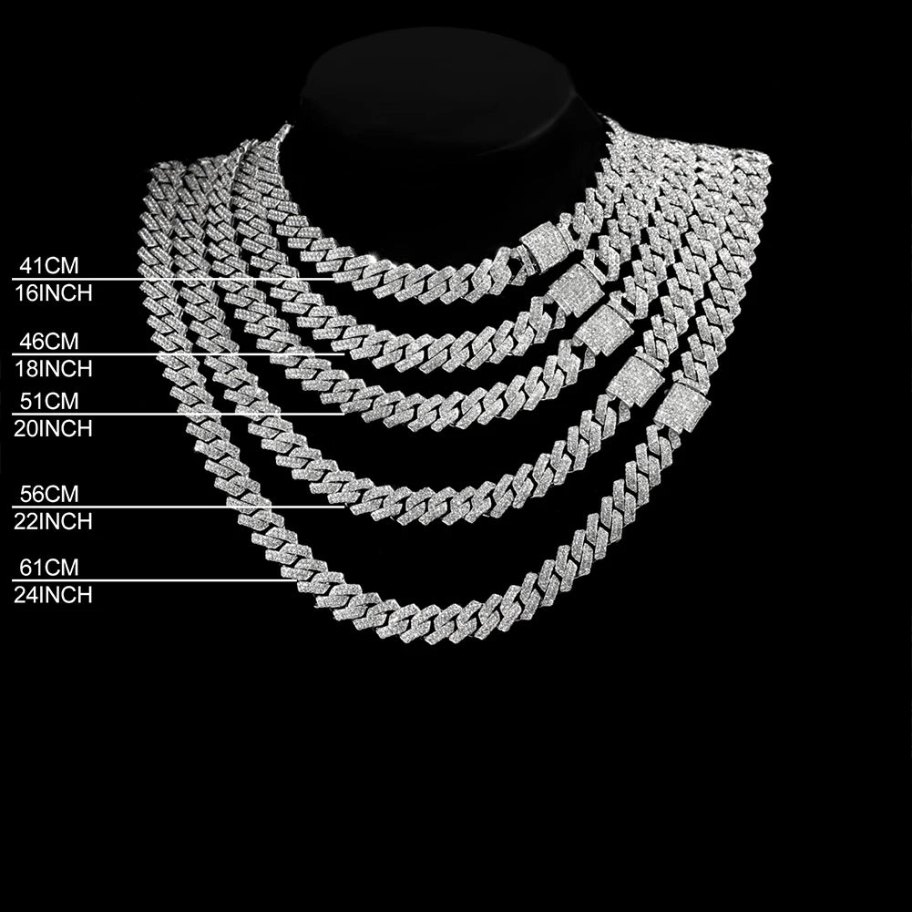 14mm Iced Out Prong Cuban Link Chain Necklace for Men Women 2 Row Rhinestone Paved Miami Rhombus Hip Hop Jewelry Wholesale
