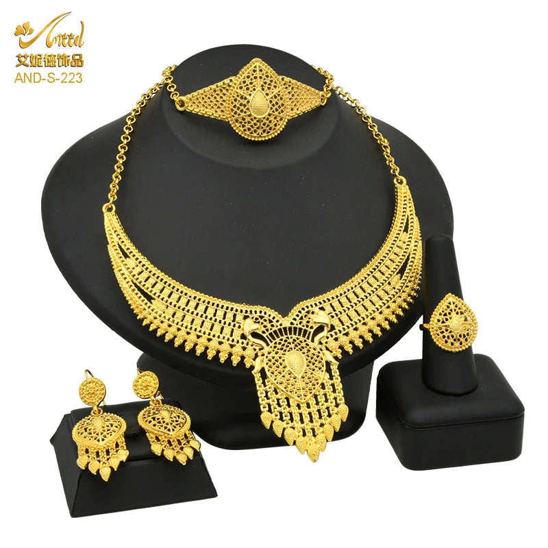 ANIID African Jewelry Set Big Necklace Dubai Ethiopian Gold Color Jewelery Earring Bracelet For Women Bridal Choker Wholesale