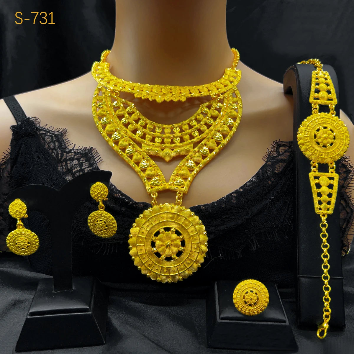 Indian Dubai Big 24k Gold Plated Jewelry Set For Women Party African Necklace Sets Bridal Wedding Gifts Arabic Jewelry Sets