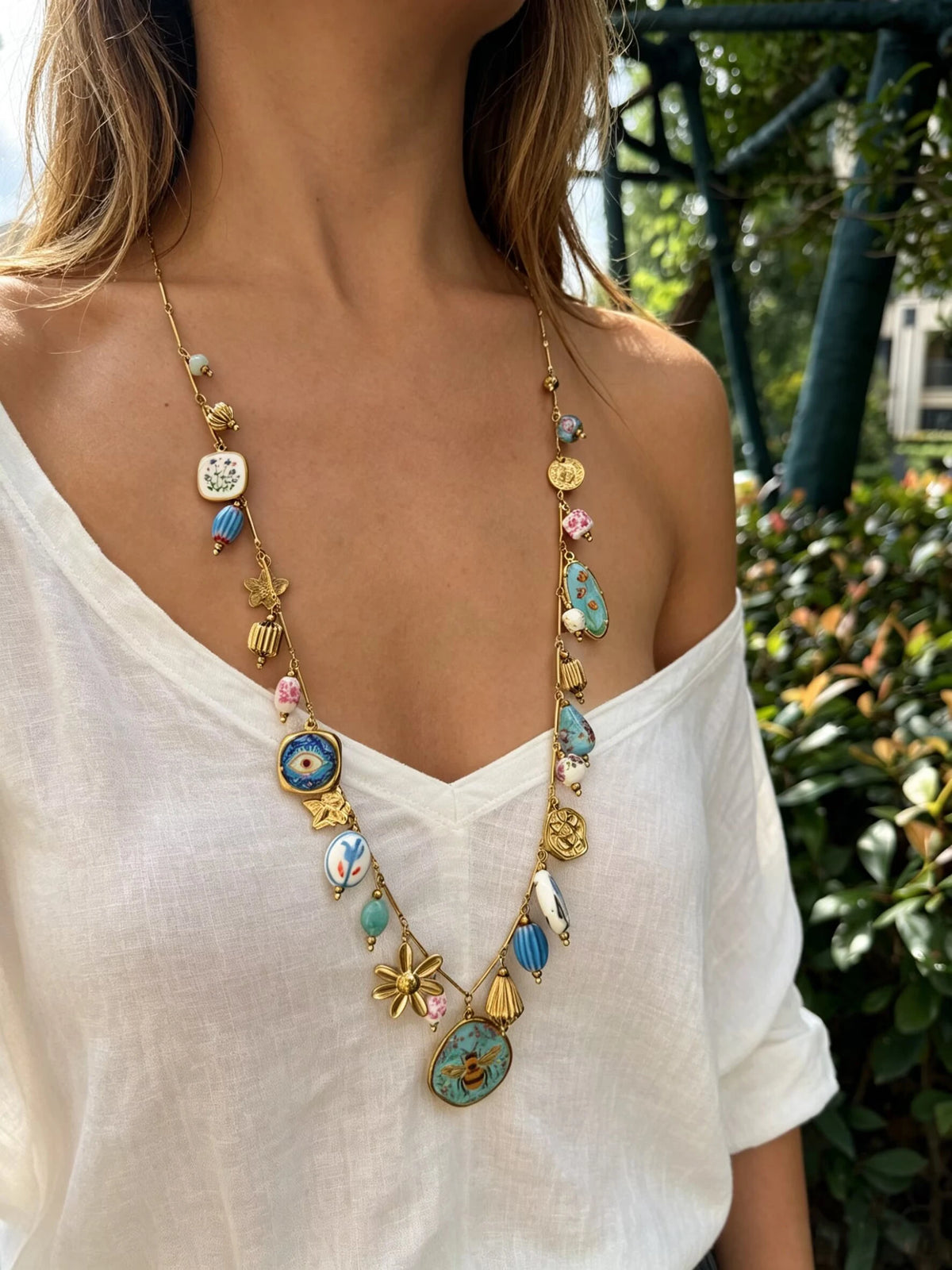Peri'sbox Stainless Steel Ceramic Blue Bee Multiple Pendant Women Necklace Long Style Party Exquisite Luxury Jewelry Accessories