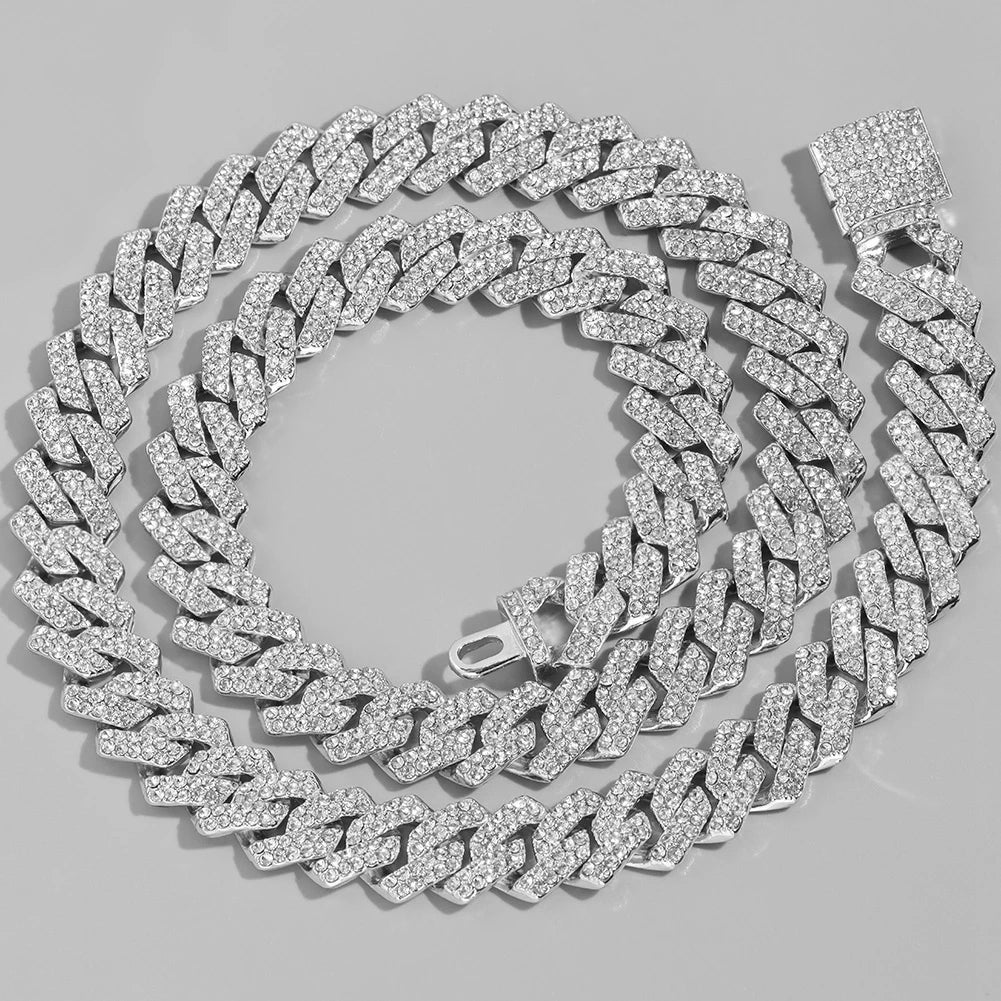 14mm Iced Out Prong Cuban Link Chain Necklace for Men Women 2 Row Rhinestone Paved Miami Rhombus Hip Hop Jewelry Wholesale