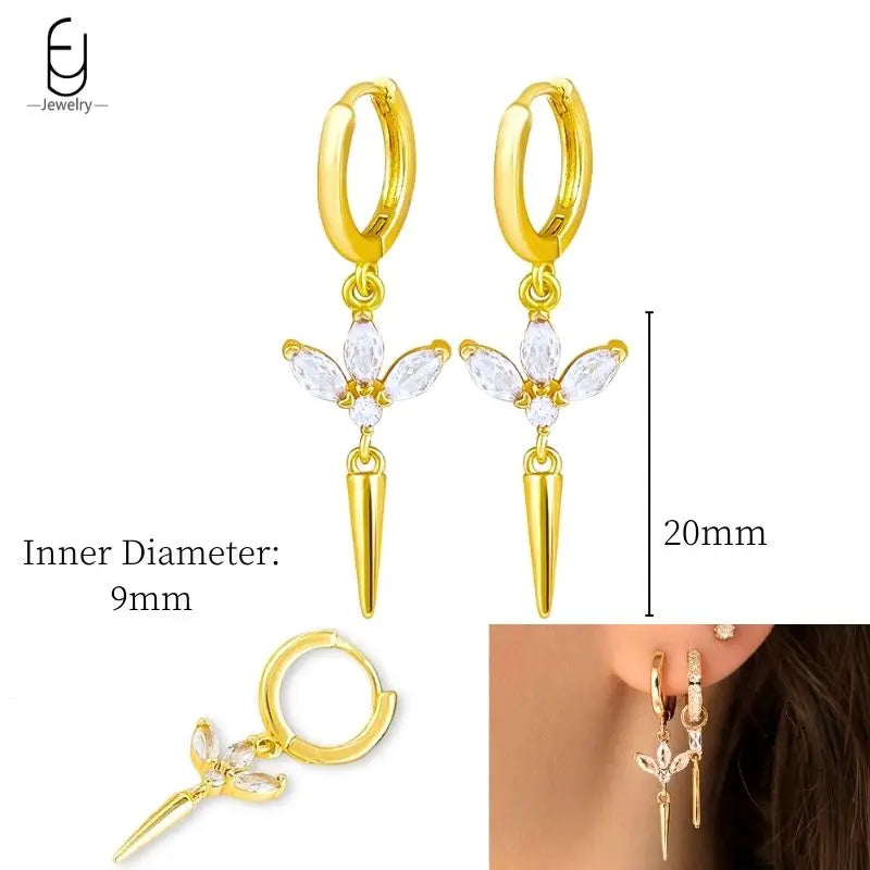 925 Sterling Silver Ear Needle White Crystal Gold Earrings for Women Luxury Water Drop/Heart/Flower Pendant Earring Fine Jewelry