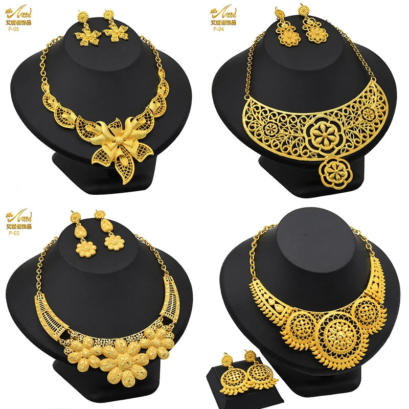 ANIID African Jewelry Set Big Necklace Dubai Ethiopian Gold Color Jewelery Earring Bracelet For Women Bridal Choker Wholesale