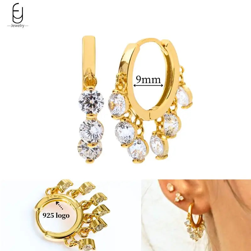 925 Sterling Silver Ear Needle White Crystal Gold Earrings for Women Luxury Water Drop/Heart/Flower Pendant Earring Fine Jewelry