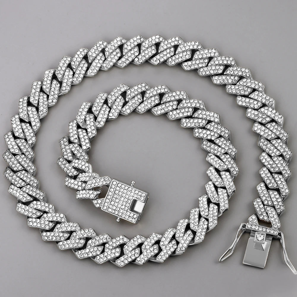 14mm Iced Out Prong Cuban Link Chain Necklace for Men Women 2 Row Rhinestone Paved Miami Rhombus Hip Hop Jewelry Wholesale