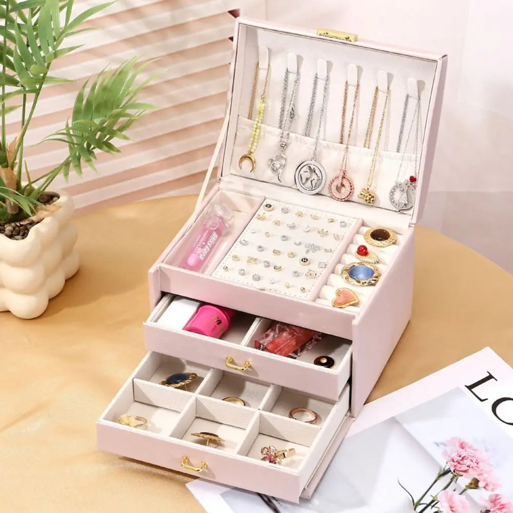 Three layer Woman Jewelry Box Large Capacity Drawer style Jewelry Organizer with Lock Leather Earrings Bracelets Display Stand