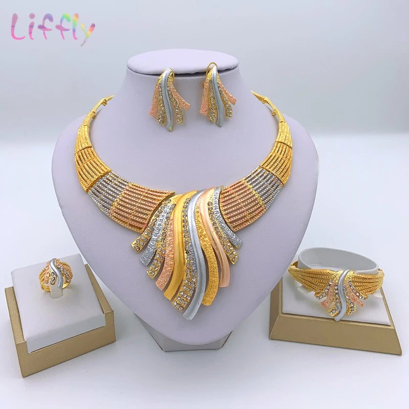 African Dubai 24k Gold Plated Choker Necklace Jewelry Set for Women Bridal Wedding Crystal Bracelet Earrings Jewellery
