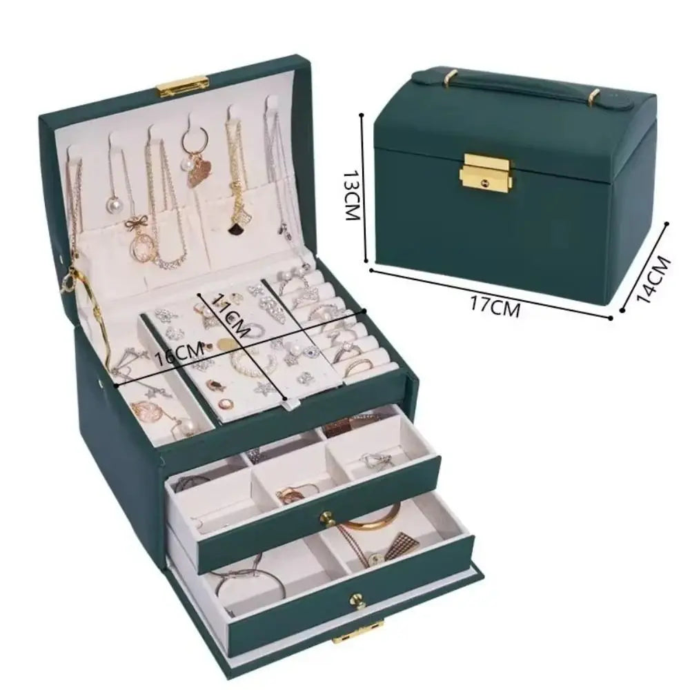 Three layer Woman Jewelry Box Large Capacity Drawer style Jewelry Organizer with Lock Leather Earrings Bracelets Display Stand