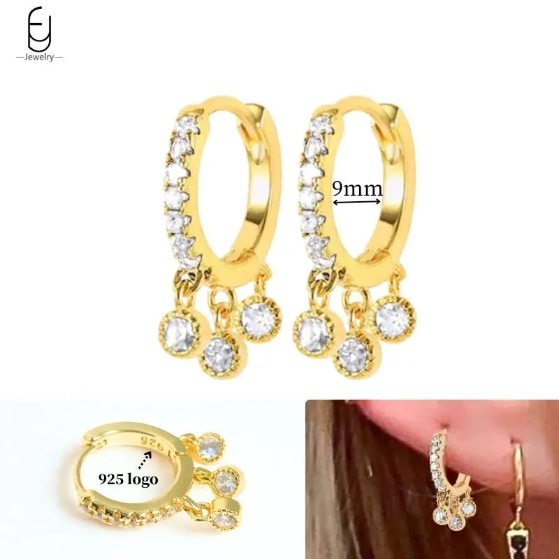 925 Sterling Silver Ear Needle White Crystal Gold Earrings for Women Luxury Water Drop/Heart/Flower Pendant Earring Fine Jewelry