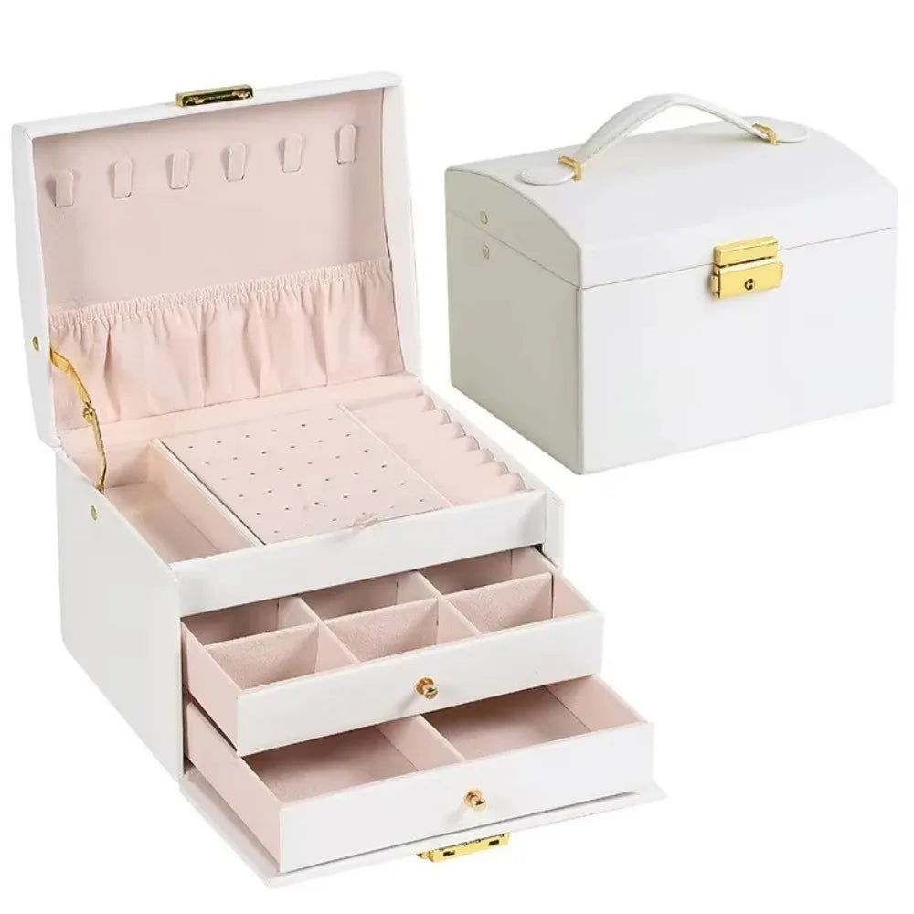 Three layer Woman Jewelry Box Large Capacity Drawer style Jewelry Organizer with Lock Leather Earrings Bracelets Display Stand