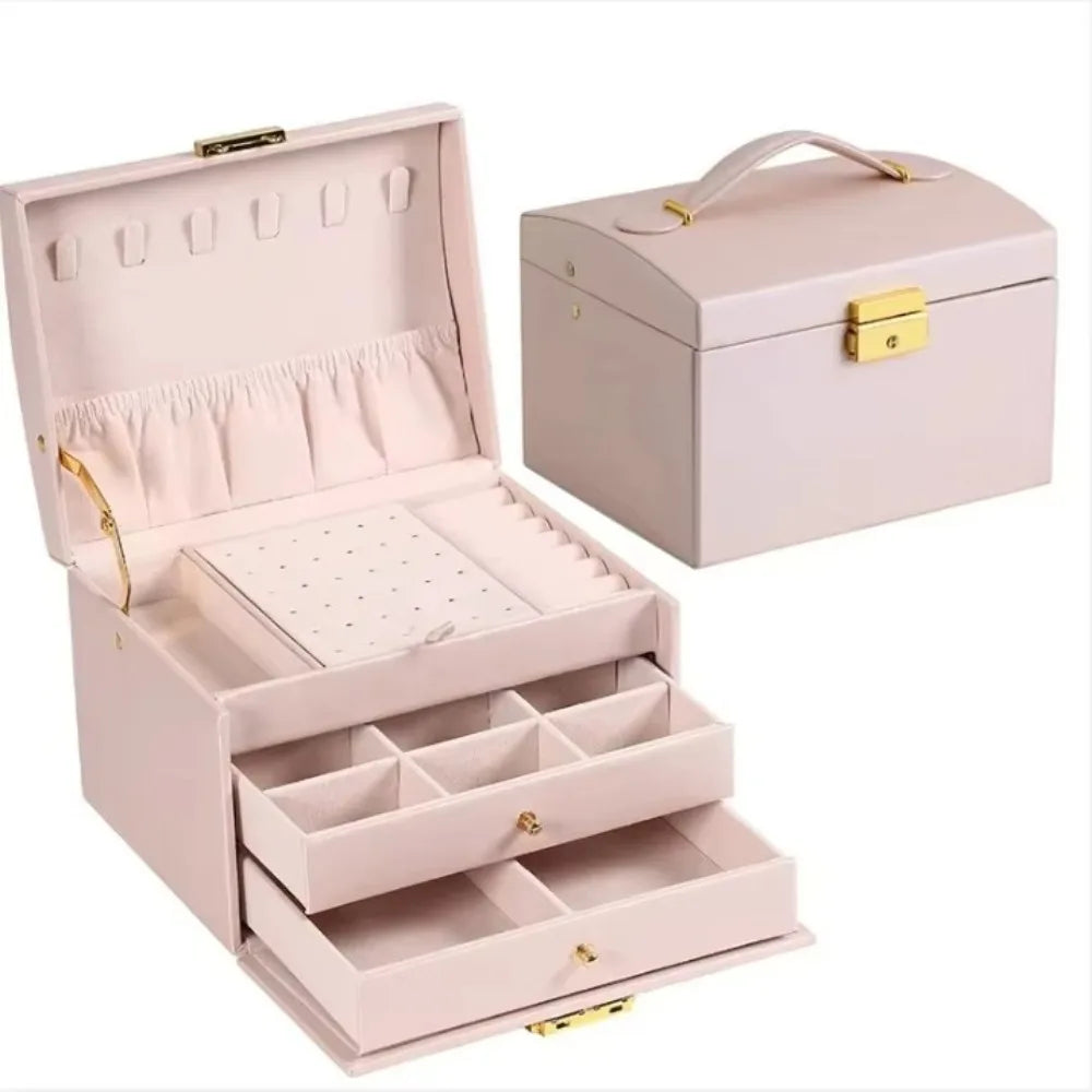 Three layer Woman Jewelry Box Large Capacity Drawer style Jewelry Organizer with Lock Leather Earrings Bracelets Display Stand