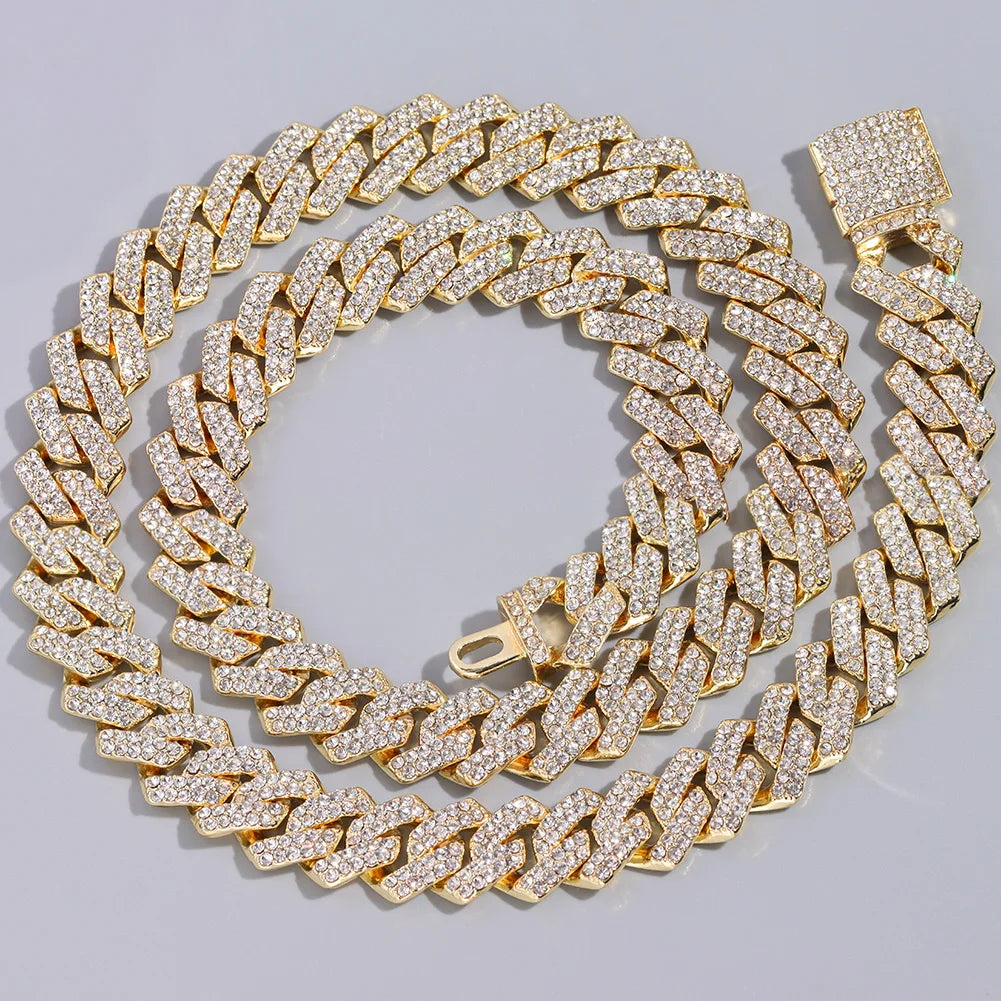 14mm Iced Out Prong Cuban Link Chain Necklace for Men Women 2 Row Rhinestone Paved Miami Rhombus Hip Hop Jewelry Wholesale