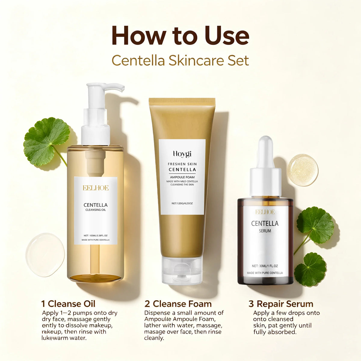 Korean Centella Asiatica 24H Skincare Set Cica Serum Face Wash Cleansing Oil Facial Care Set Soothing Refresh Smooth K-beauty