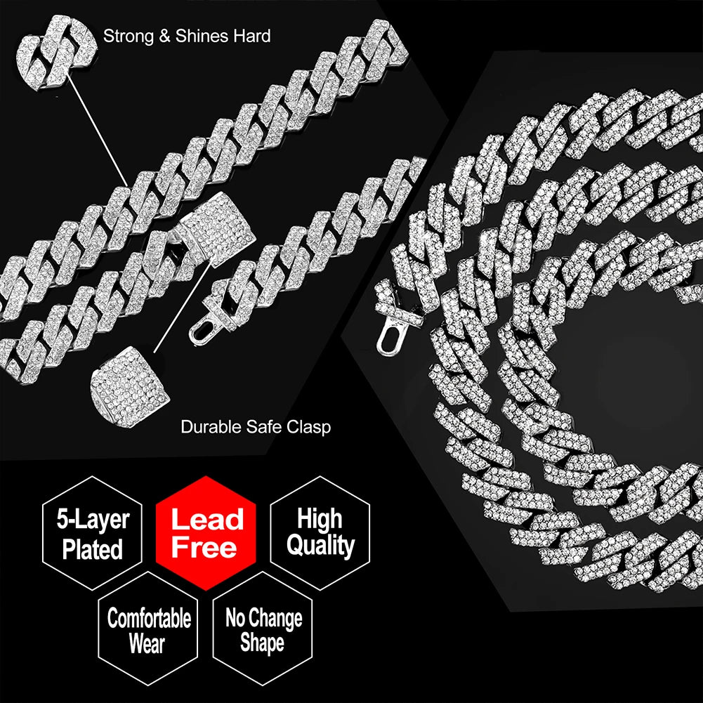 14mm Iced Out Prong Cuban Link Chain Necklace for Men Women 2 Row Rhinestone Paved Miami Rhombus Hip Hop Jewelry Wholesale