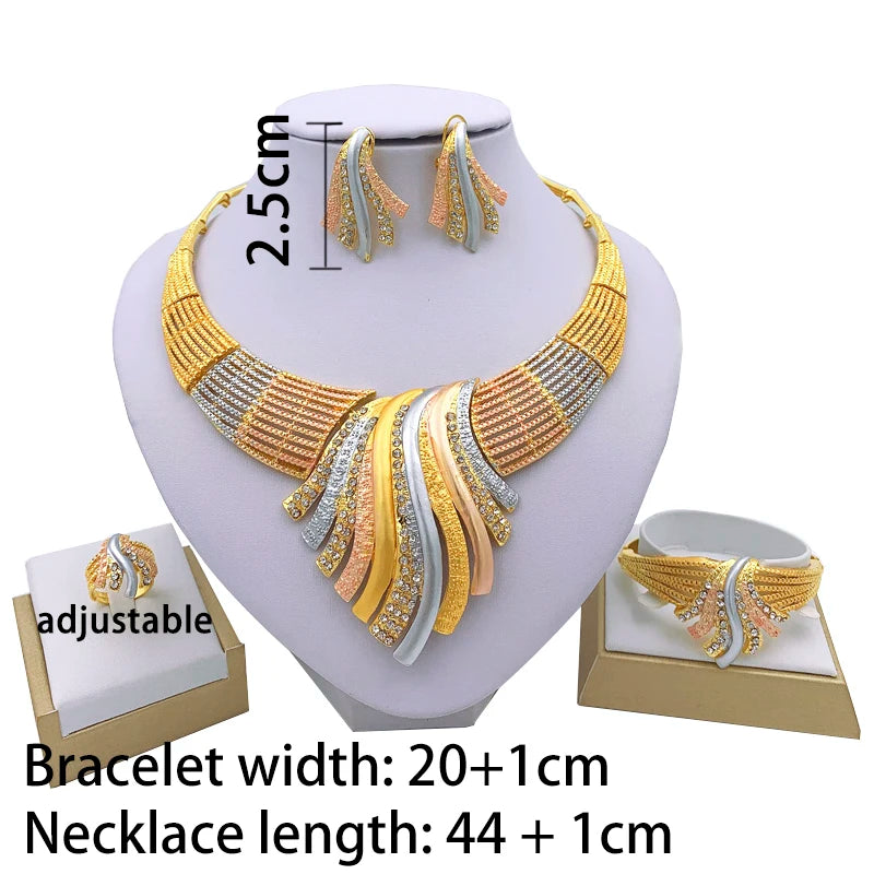 African Dubai 24k Gold Plated Choker Necklace Jewelry Set for Women Bridal Wedding Crystal Bracelet Earrings Jewellery