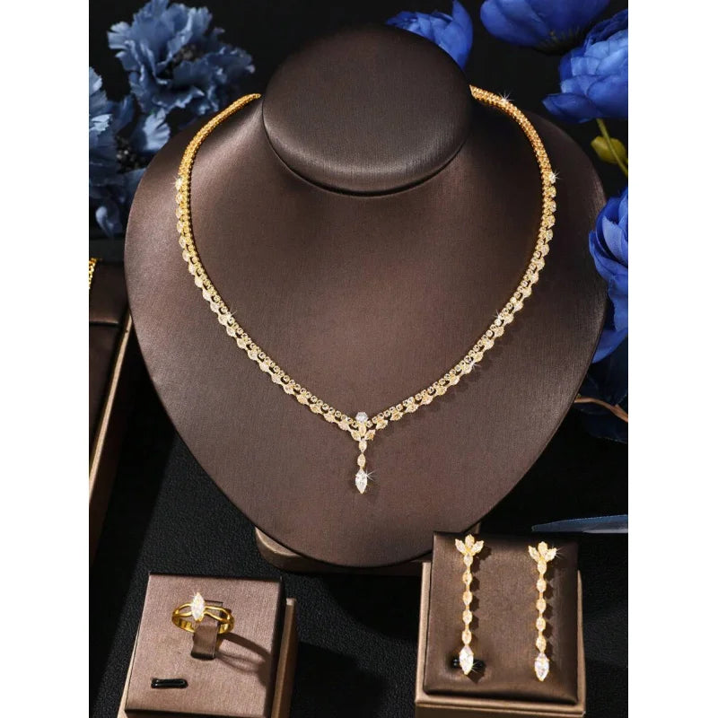 5pcs Set Luxury Elegant Zirconia Stone Bridal Full-Crystal Jewelry Set, Fashionable Party Jewelry Set For Women