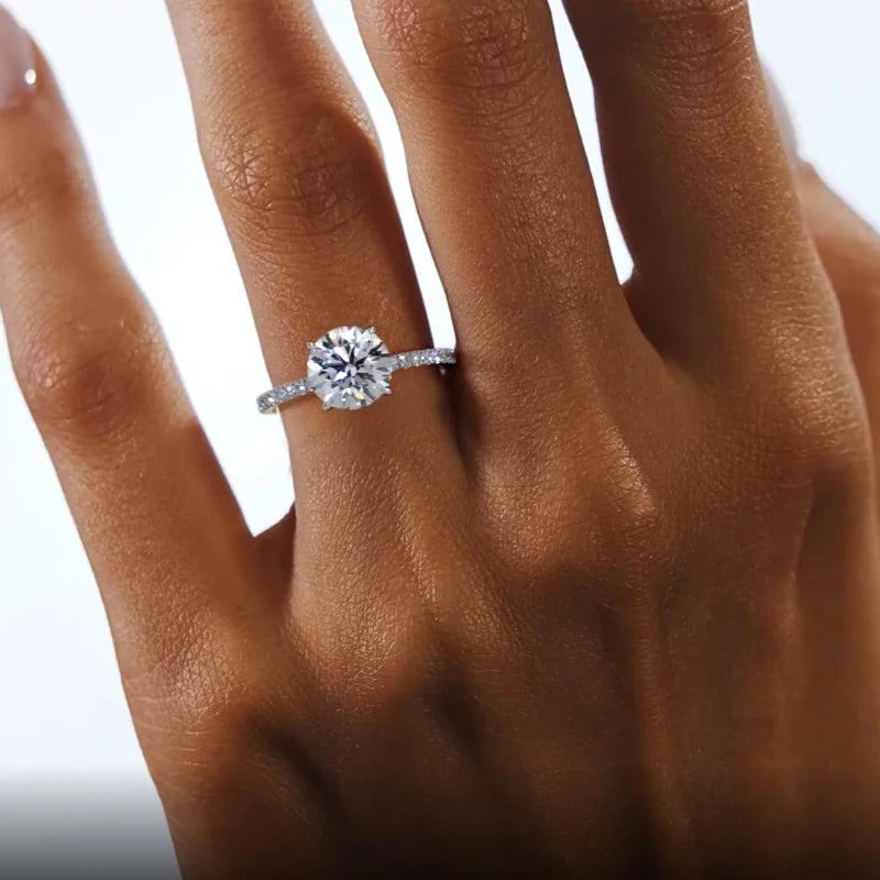 Classic 925 Sterling Sliver Engagement Wedding Promise Ring 8mm 2 Carat Round D-E Moissanite Finger Rings for Women Fine Jewelry