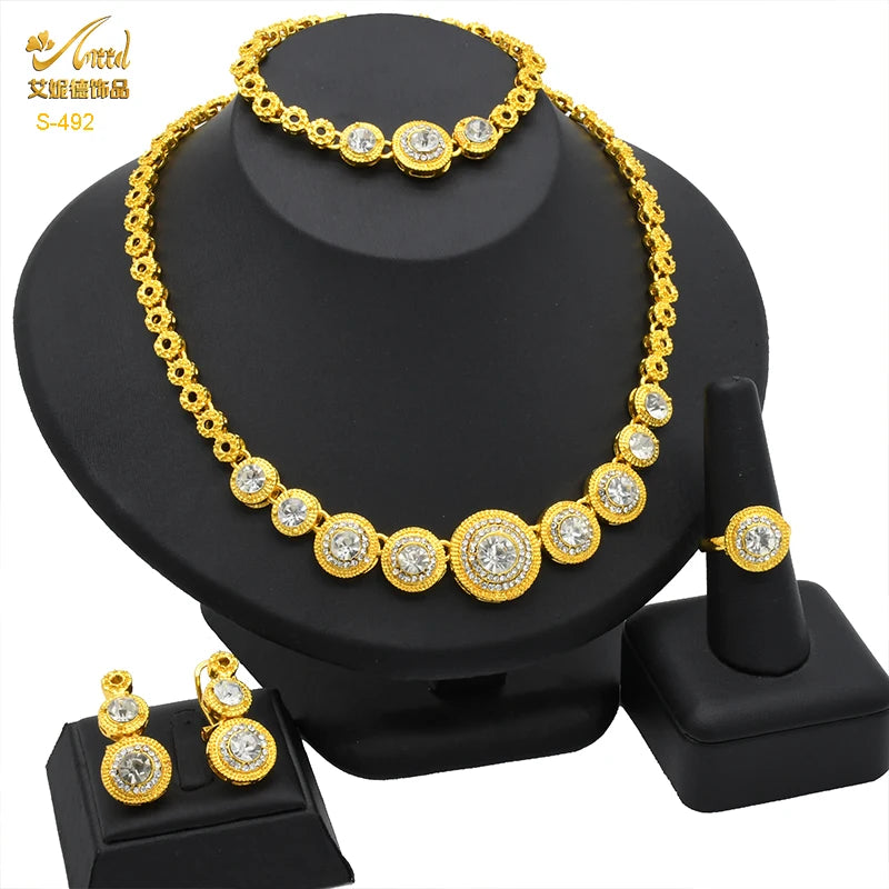 ANIID African Jewelry Set Big Necklace Dubai Ethiopian Gold Color Jewelery Earring Bracelet For Women Bridal Choker Wholesale