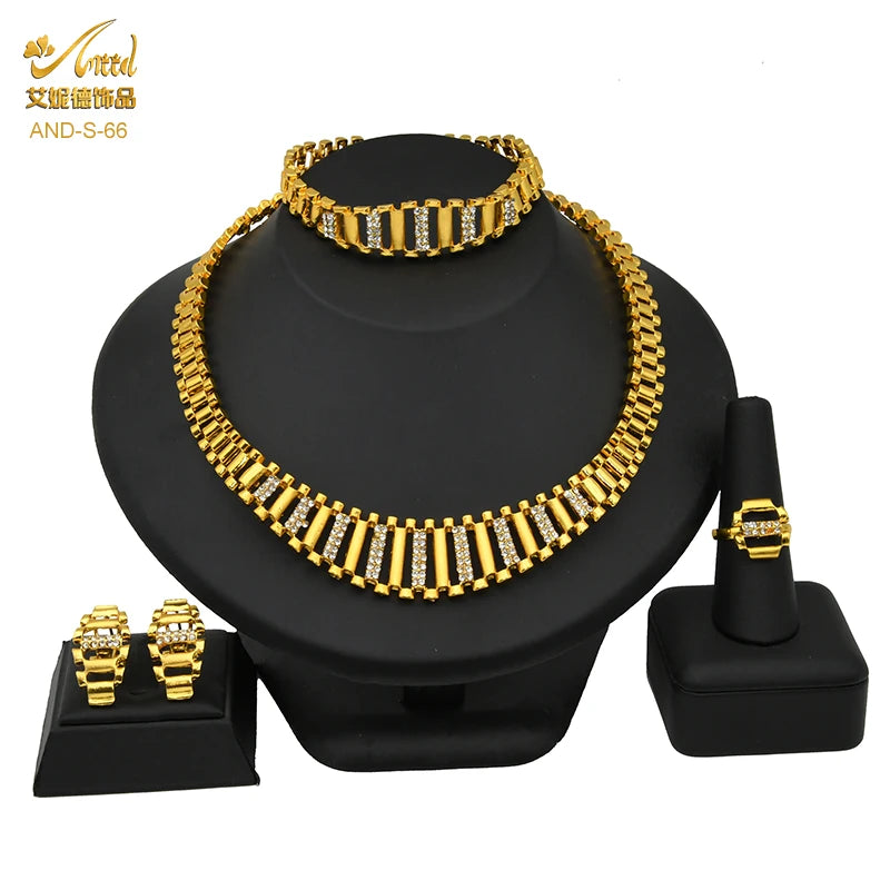 ANIID African Jewelry Set Big Necklace Dubai Ethiopian Gold Color Jewelery Earring Bracelet For Women Bridal Choker Wholesale