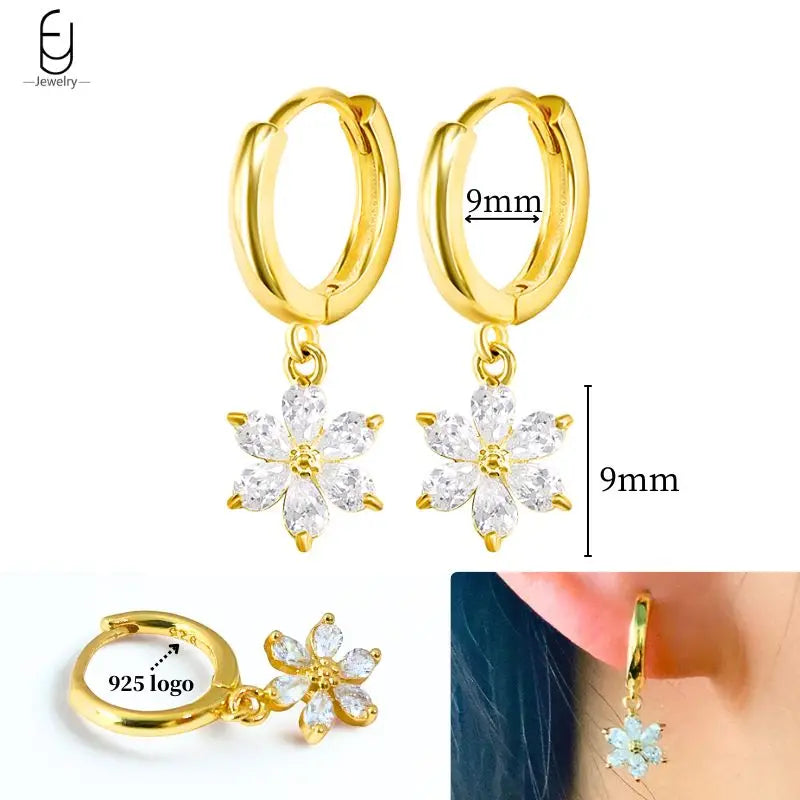 925 Sterling Silver Ear Needle White Crystal Gold Earrings for Women Luxury Water Drop/Heart/Flower Pendant Earring Fine Jewelry