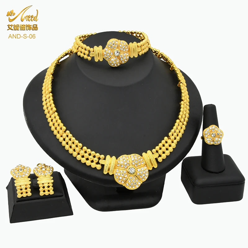 ANIID African Jewelry Set Big Necklace Dubai Ethiopian Gold Color Jewelery Earring Bracelet For Women Bridal Choker Wholesale