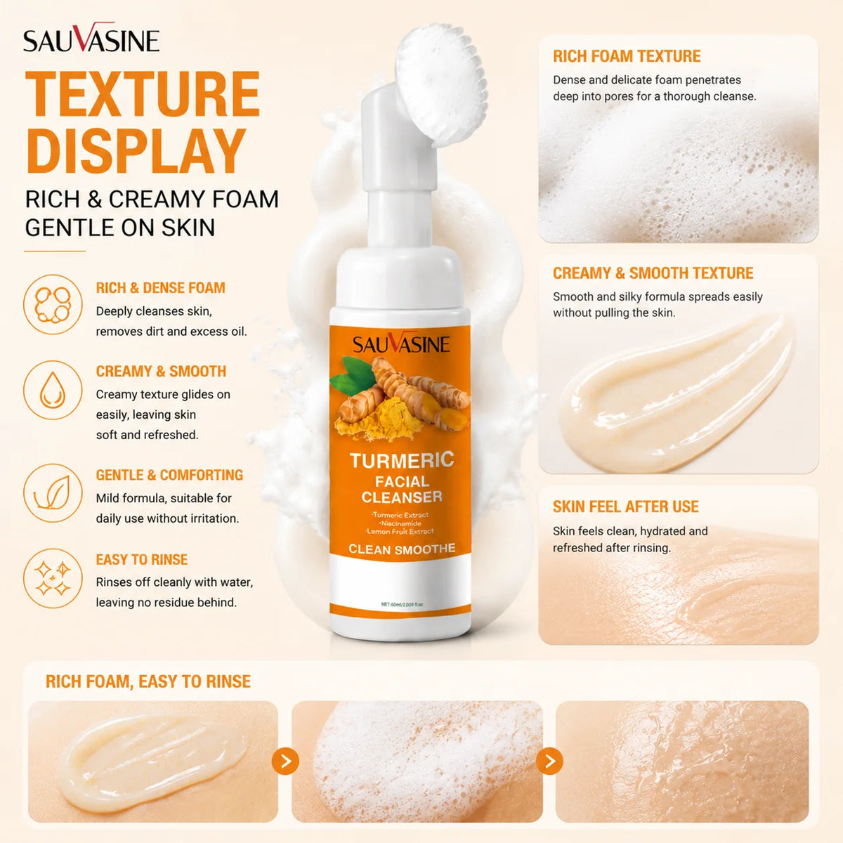 1/3/5pcs Turmeric Foaming Facial Cleanser, Face Wash with Turmeric Extract Niacinamide & Lemon Fruit Extract, Gently Removes Dir