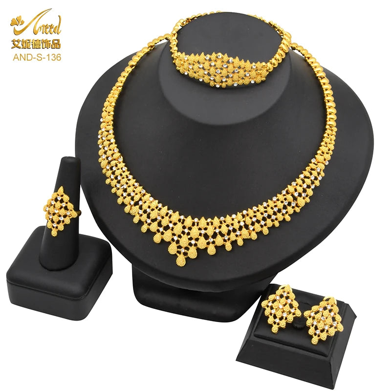 ANIID African Jewelry Set Big Necklace Dubai Ethiopian Gold Color Jewelery Earring Bracelet For Women Bridal Choker Wholesale