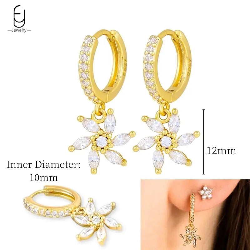 925 Sterling Silver Ear Needle White Crystal Gold Earrings for Women Luxury Water Drop/Heart/Flower Pendant Earring Fine Jewelry